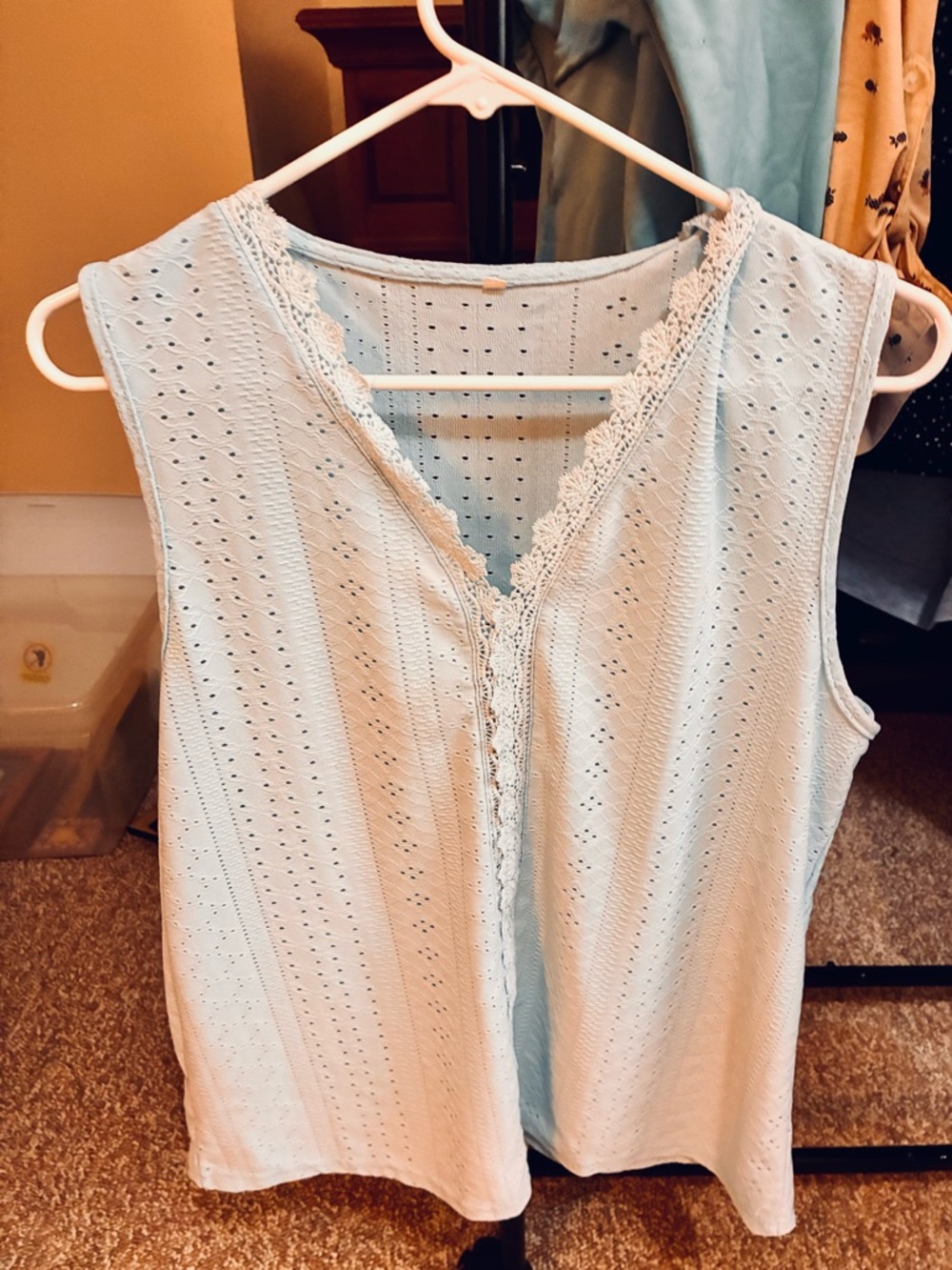 Light Blue Eyelet Lace Trim Sleeveless Top